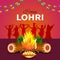 Indian Punjabi festival of lohri celebration fire background with decorated drum and sugar cane. vector illustration design