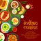 Indian restaurant menu cover, rice and fish curry