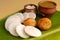 Indian Rice cake with Lentil curry. South Indian Breakfast. Idali Sambar  idli  food