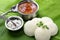 Indian Rice cake with Lentil curry. South Indian Breakfast. Idali Sambar, idli, food