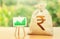 Indian rupee money bag and easel with green positive growth graph. Economic development. Business sentiment. High deposits