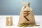 Indian rupee money bag with money and family figurines. Financial support for social institutions. Providing assistance