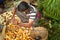 Indian seller weighs flowers by scales on Flower market at Mallick Ghat in Kolkata. India