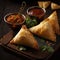 Indian snack Samosas with side dishes on a table