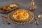 Indian spicy food Butter Chicken Biryani or Murgh Makhani Biryani with raita and gulab jamun Served in a dish side view ramdan