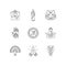 Indian spiritual symbols pixel perfect linear icons set