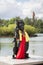 Indian statues on the background of the lake in Mauritius. Grand Bassin.