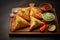 Indian street food samosa on chopping board, a flavorful delight