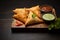 Indian street food samosa on chopping board, a flavorful delight