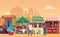 Indian street market at sunset flat vector illustration