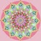 Indian sunflower mandala vintage image, pastel colors palet, plain soft pink background