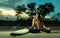 Indian surfer girl meditating in lotus pose on the beach at sunset next to surfboard