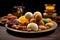 Indian sweets in a plate includes Gulab Jamun, Rasgulla, kaju katli, morichoor Bundi Laddu, Gujiya or Karanji for diwali