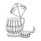 Indian tabla drum with kite and oil candle in black and white