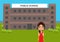 An Indian teacher in a namaste pose standing in front of a public school. - Vector