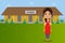 An Indian teacher standing in front of a rural indian school - Vector