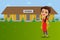 An Indian teacher standing in front of a rural indian school - Vector