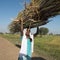 Indian teen carrying reeds.