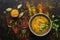 Indian thick soup of red lentils. Indian vegetarian food.Rustic background with spices. Top view