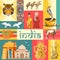 Indian travel template on vibrant background. I love India. Vector illustration in vintage style