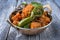 Indian vegetable curry fry with sweet potatos and eggplant  in a kadai