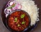 Indian vegetarian meal- rajma chawal and salad top view