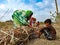 Indian village farmer woman banding wooden bandle with her child at beautiful blue sky background in india January 2020