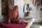 Indian village women in traditional clothing and gold jewelry in the house. The village in the Thar Desert near Jodhpur