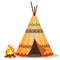 Indian wigwam with a bonfire close-up on a white