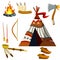Indian wigwam. Native American house. National hut. Nature of landscape. Axe, fire and skull of animal. Flat cartoon