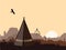 Indian wigwam silhouette with cacti, mountains, and eagle in the sky. American landscape with tribal tents