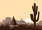 Indian wigwam silhouette with saguaro cacti, son , and mountains. American landscape with tribal tents