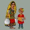 Indian woman with water pots and boy playing tabla