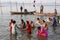 Indian women swimming in river