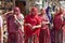 Indian women traditionally dressed shopping at vegetable market