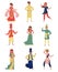 Indian young men and women in national costumes set, people in eastern traditional clothes vector Illustration on a
