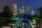 The Indiana Central Canal and downtown skyline at night in Indianapolis, Indiana