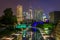 The Indiana Central Canal and downtown skyline at night in Indianapolis, Indiana