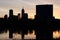 Indianapolis: Circa March 2019: Sunrise silhouette of the Indy downtown skyline VI