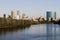 Indianapolis downtown skyline along the White River with Indy landmarks Salesforce and Key Bank towers, Hilton, and JW Marriott