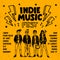 Indie music festival poster or flyer template. Illustration of musicians and and indie rock fest inscription on yellow