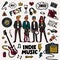 Indie rock music set. Illustration of musicians and related objects such as guitar, sound amplifier, rock inscriptions