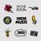 Indie rock music sticker set. Illustration of music related objects and inscriptions. Template for t-shirt print, pin