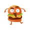 Indignant funny burger with big eyes and opened mouth. Cute cartoon fast food emoji character vector Illustration