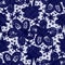 Indigo blue batik dyed daisy flower effect texture background. Seamless japanese repeat pattern swatch. Painterly floral