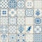 Indigo Blue Tiles Floor Ornament Collection. Gorgeous Seamless Patchwork Pattern from Colorful Traditional Painted Tin Glazed Cera