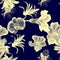 Indigo Hibiscus Foliage. Navy Flower Design. Blue Watercolor Design. Azure Floral Wallpaper. Seamless Decor. Pattern Painting. Tro