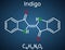 Indigo molecule. It is natural dye with a distinctive blue color. Structural chemical formula on the dark blue background