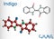 Indigo molecule. It is natural dye with a distinctive blue color. Structural chemical formula and molecule model