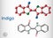 Indigo molecule. It is natural dye with a distinctive blue color. Structural chemical formula and molecule model. Sheet of paper